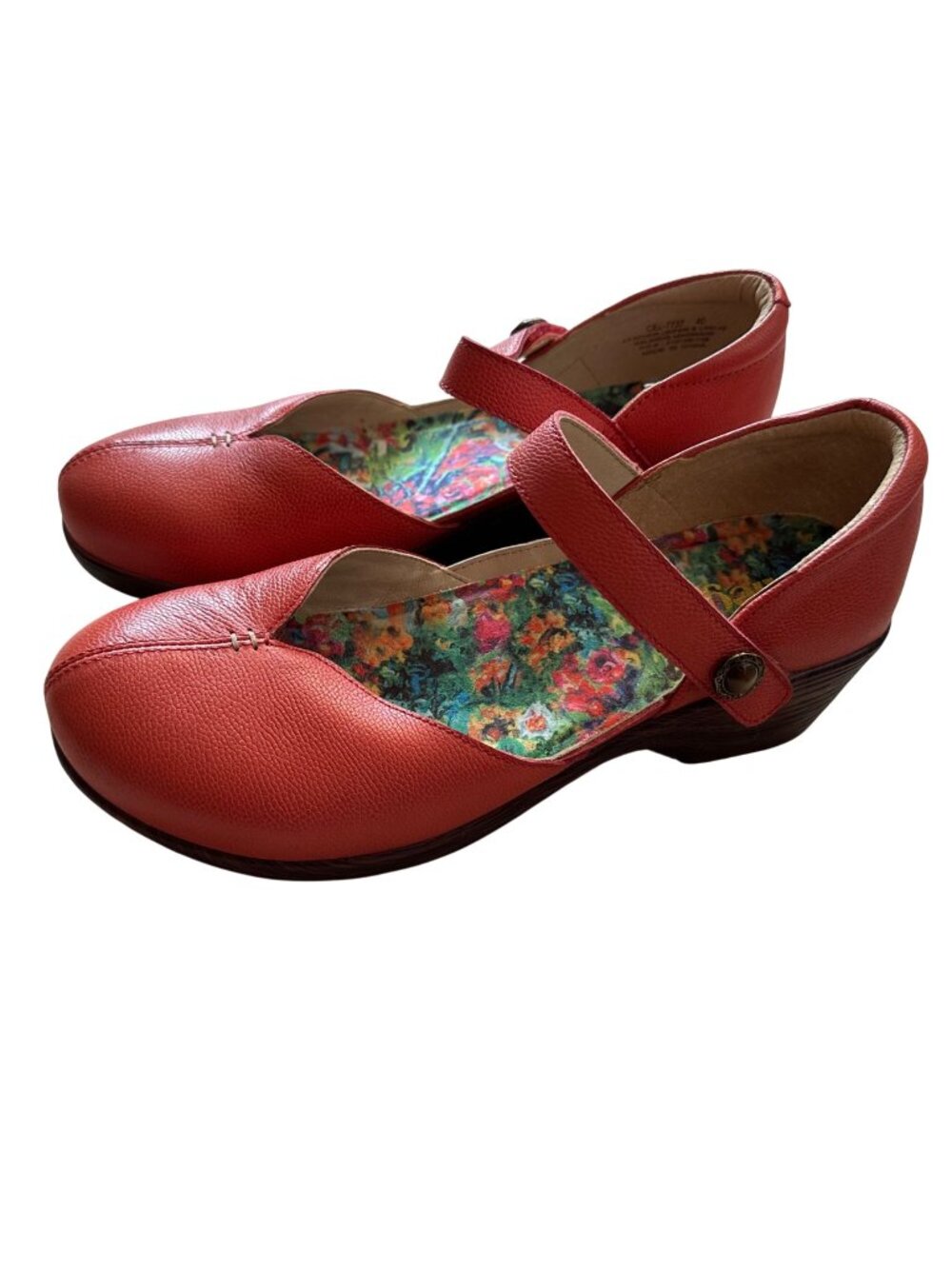 Alegria Mary Jane Leather Wood Look Clog Shoes Size 40 Coral Red Comfort Walking